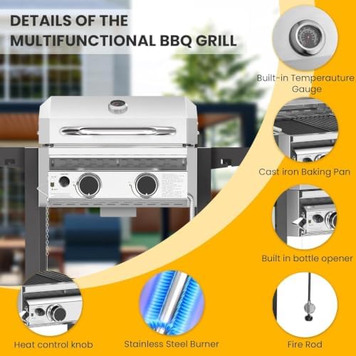 COWSAR 2-Burner Propane BBQ Grill 16000 BTU Stainless Steel Gas Grill - Image 3