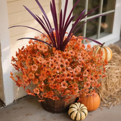Fall Flowers Artificial Mums for Outdoors Autumn Decor, 12 Bundles Orange Fake Fall Mums with 1 pcs Burgundy Orchid Leaf UV Resistant Look Real Faux Flowers for Outside Planter Home Porch Patio Yard - Image 2