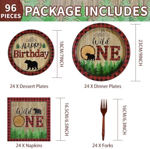 Greencian 96Pcs Lumberjack Wild One Birthday Party Decorations, Serves 24 - Image 2