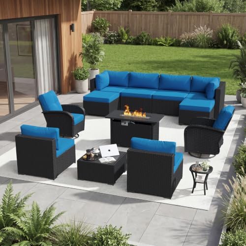 Aoxun 13 Piece Outdoor Patio Furniture Set with 44'' Fire Pit Table, Wicker Rattan Outdoor Furniture with High Back Swivel Rocker Chairs, Outdoor Sofa Set with Thick Cushion & Ottoman, Peacock Blue by Aoxun