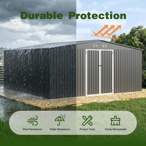 14 x 12 FT Outdoor Storage Shed, Heavy-Duty Galvanized Steel Tool Shed with Reinforced Frame, Lockable Double Door & Side Vents for Backyard Large Equipment,Dark Gray - Image 5