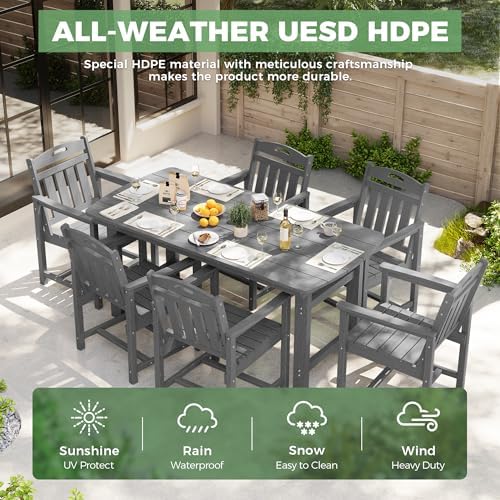 HDPE Outdoor Dining Set, Patio Table and 6 Chairs, 2" Umbrella Hole, Grey - Image 3