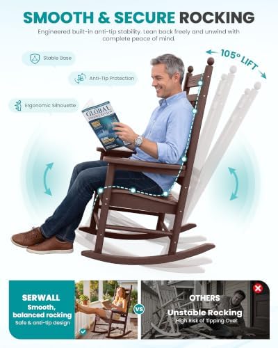 SERWALL Rocking Chair Outdoor, Comfortable Rocker for Adults, Brown - Image 5