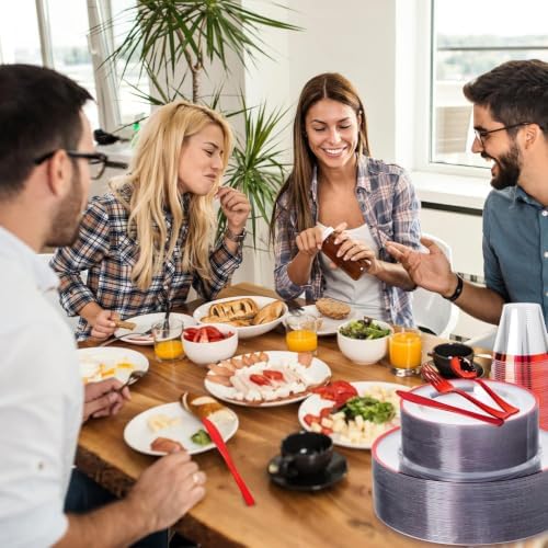N9R 600PCS Clear & Red Plastic Plates, Disposable Dinnerware Set Heavy Duty - Image 6