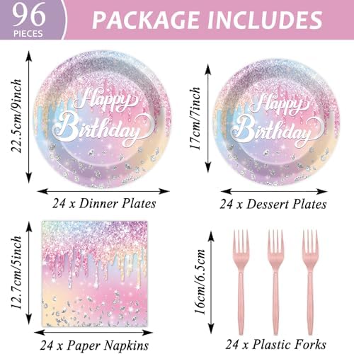Naozinebi Iridescent Diamond Birthday Party Plates Napkin Fork Glitter Diamond Tableware Set Happy Birthday Dinnerware Colorful Supply for Girls Women Baby Shower Wedding Parties Decoration Serve 24 - Image 2