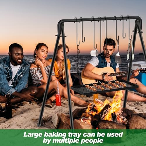 Rossesay Grill Swing Campfire Stand Campfire Cooking Equipment Adjustable Camping Accessories Cookware Hanging Rack with 8 Hooks and Portable Grill Stand for BBQ Picnic Outdoor Party - Image 6