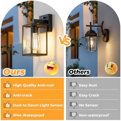 FOLKSMATE 2 Pack Dusk to Dawn Outdoor Wall Light Fixtures, Hardwired Anti‑Rust Exterior Porch Light, Waterproof Wall Sconces Lanterns, Sensor Lighting Wall Mount for House Doorway Garage, Black - Image 5