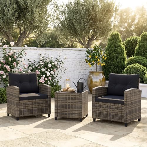 Tangkula 3 Piece Patio Furniture Set, Rattan Conversation Set w/Soft Seat & Back Cushions, Tempered Glass Topped Coffee Table, Cushioned Wicker Seating Set for Backyard, Porch, Poolside - Image 2