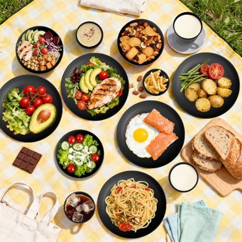 Wheat Straw Dinnerware Sets 16 PCS, Unbreakable Kids Plates and Bowls for 4-9 IN Plates, 26 OZ Cereal Bowls, 2 OZ Dipping Bowl, 12 OZ Cups, Dishwasher & Microwave Safe Plate Set - Black - Image 5