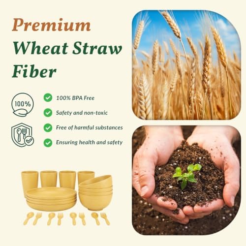 Wheat Straw Dinnerware Sets, Homienly 20pcs Unbreakable Microwave Dishwasher Safe Tableware Lightweight Bowls, Cups, Plates Set Reusable Dinner Plates Bowls set (Yellow) - Image 3