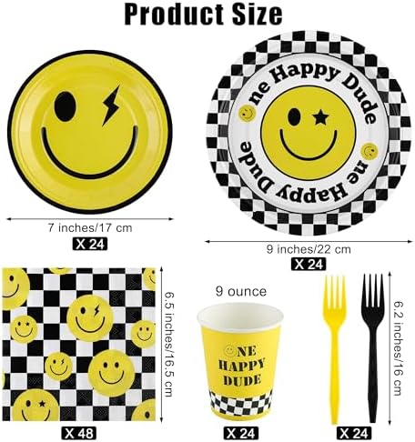 Kochorie 144 Pieces One Happy Dude Party Tableware Sets including Disposable Plates Napkins Cups Forks Serves 24 for Smiley Face 1st Birthday Preppy Party Decorations - Image 2