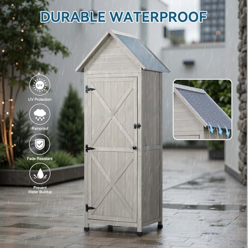 Narrow Outdoor Storage Cabinet, 67" Wooden Vertical Garden Tools Shed, Patio Storage Organizer with Latch & Waterproof Roof for Yard Deck Lawn Farmland Equipment(Gray) - Image 6