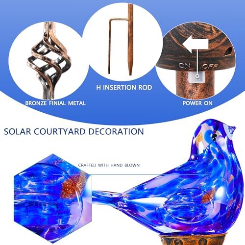 Decorative Solar Lights, Outdoor Solar Bird Stake Lights, Hand Blown Glass Decorative Garden Pathway Lights Outdoor Waterproof Glass Stakes (Dark Blue) - Image 4