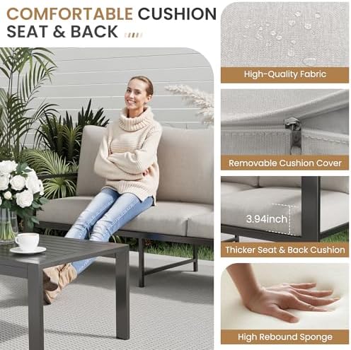 Outdoor Sofa Chair Aluminum Patio Couch Set of 2 All-Weather Patio Sofa Armchair Furniture Set Chairs with Beige Cushions - Image 3