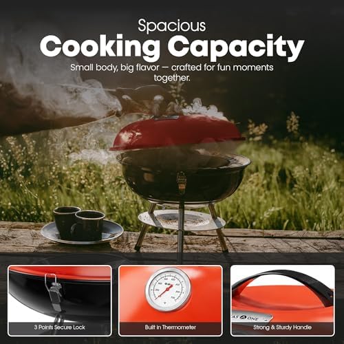 GasOne 14-inch Portable Charcoal Barbecue Grill with Thermometer – Red - Image 5