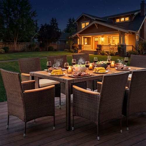 Devoko 9 PCS Acacia Wood Patio Dining Set, Brown Rattan - Image 5