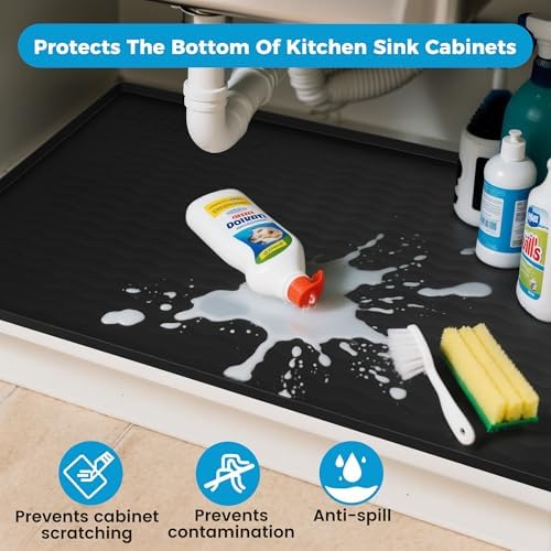 URMONA 34'' x 19'' Waterproof Silicone Under Sink Mat Cabinet and Counter Protector, Shelf Liner for Kitchen and Bathroom, Storage and Organizers, Litter Mat, Pet Cat Puppy Essentials(Brown) - Image 4