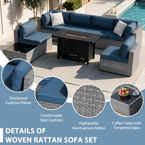 Shintenchi 8 Piece Outdoor Patio Furniture Set with 43 Inch Propane Fire Pit, Washable Cushions, Glass Coffee Table, Waterproof Cover & CSA Certified for Backyard Poolside, Silver PE Rattan/Navy Blue - Image 4