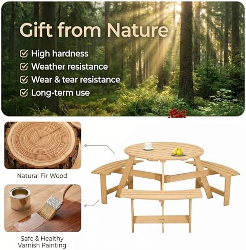 6 Person Wooden Picnic Table, Outdoor Round Picnic Table with 4 Built-in Benches, Umbrella Hole, Outside Table and Bench Set for Patio, Backyard, 500lbs Capacity Per Bench (Nature - 6person) - Image 4