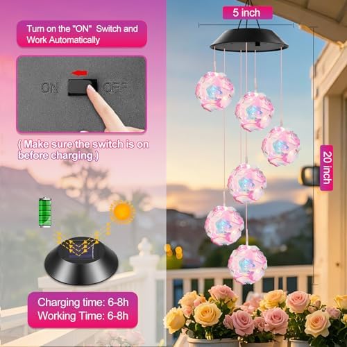 Winzwon Solar Wind Chimes, Hanging Rose Outside Garden Patio Yard Decor - Image 6