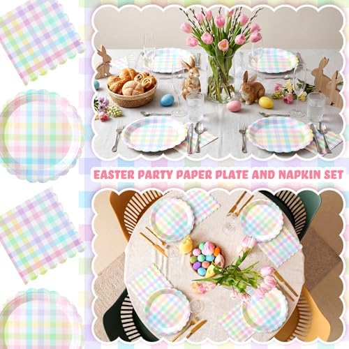 Roshtia 120 Pcs Pastel Gingham Paper Plates and Napkins Set - Image 6