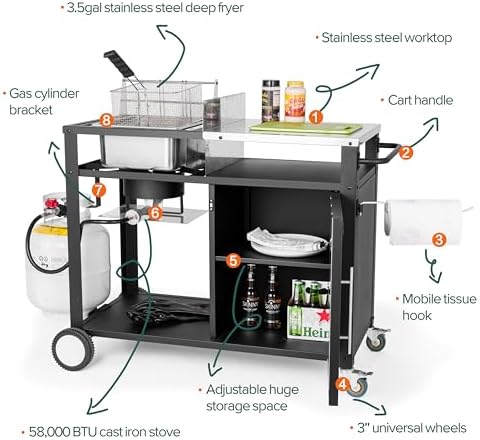 OuterMust Outdoor Propane Deep Fryer, 85,000 BTU Outdoor Fryer Station Movable Propane Fish Fryer Cart Stainless Steel Top & Storage Cabinet Ideal for Fish & Turkey Frying - Image 2