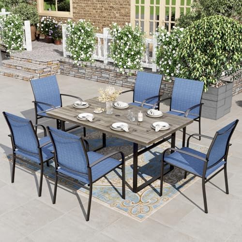 HERA'S HOUSE 7pc Outdoor Patio Dining Set, Wood-Look Metal Table, Blue by HERASHOUSE