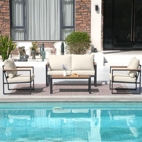 4 Pieces Metal Patio Furniture Set for Outdoor Balcony, Beige - Image 6