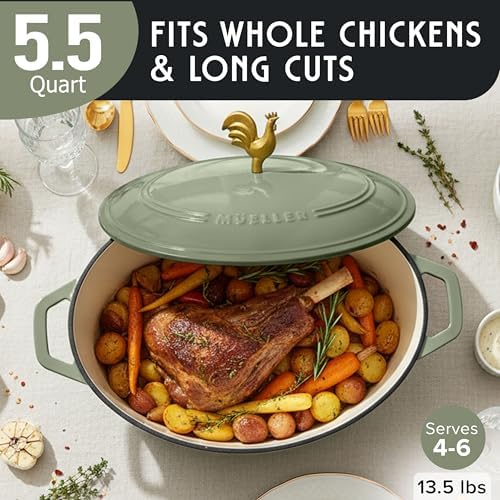 MUELLER HOME 5.5 Quart Enameled Cast Iron Oval Dutch Oven w Rooster Knob & Cotton Potholders, Heavy-Duty Cookware, Oven-Safe up to 500° F & Across All Cooktops, Gifts for Grandma & Women, Thyme Green - Image 3
