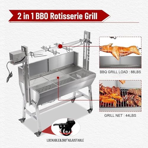 Rotisserie Grill With Wind Screen, Stainless Steel Charcoal Spit, Electric Pig Rotisserie Machine, 132LBS/60KG BBQ Grill for Pig Roasting, Camping & Backyard Use - Image 3