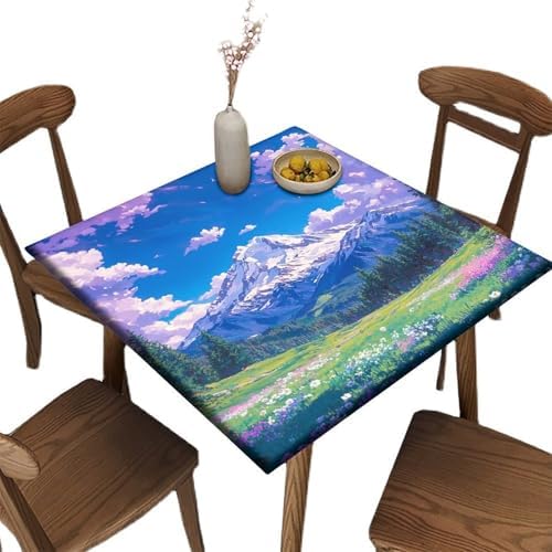 Elastic Tablecloth, Mountain Majesty Pattern Printed on Washable Foldable Dining Table Cover, Ideal for Special Occasions Holidays, Fit for 54" x 54" Square Tables by JRBSZMI2