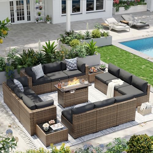 Aoxun Patio Furniture Sets, 15-Piece Outdoor Patio Furniture with 44'' Propane Gas Firepit Table, Wicker Outdoor Conversation Set Sectional Sofa for Backyard, Poolside, Garden by Aoxun