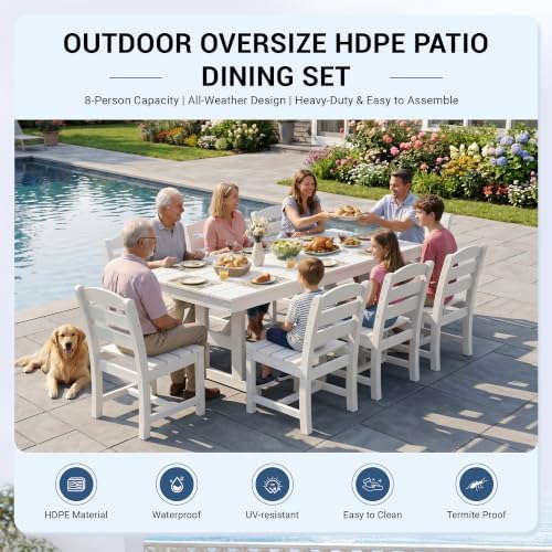 KINGYES Outdoor Dining Table,84'' HDPE Patio Table with Umbrella Hole,White - Image 6