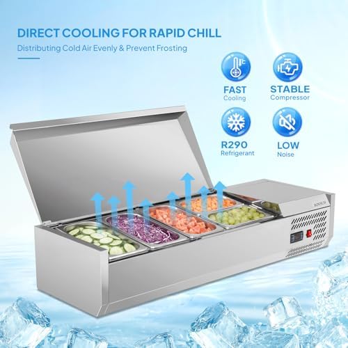 ROVSUN 48" Refrigerated Condiment Prep Station Sandwich Prep Table ETL NSF, 25.1QT Salad Bar Prep Rail w/Auto Defrost Temp Control Stainless Steel Cover 3 1/3 Pan & 2 1/4 Pan for Restaurant Food Truck - Image 2