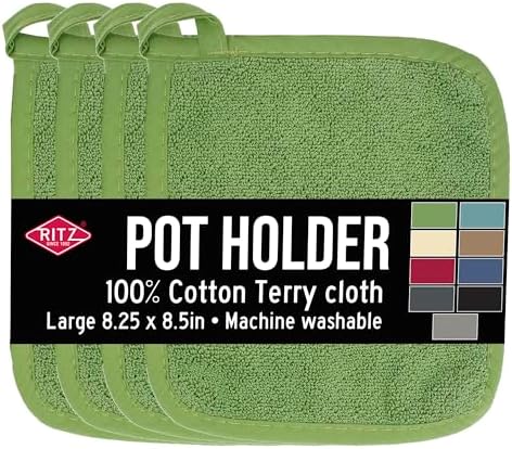 RITZ Terry Potholder & Hot Pad: Unparalleled Heat Resistant, Durable 100% Cotton – Ergonomically Designed for Optimal Grip – Easy-Care Machine Washable – 4-Pack, Cactus Green by RITZ
