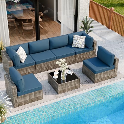 7 Piece Outdoor Patio Furniture Set with Natural PE Rattan, Navy Blue by Shintenchi%7CFurnitureMadeforRealLife