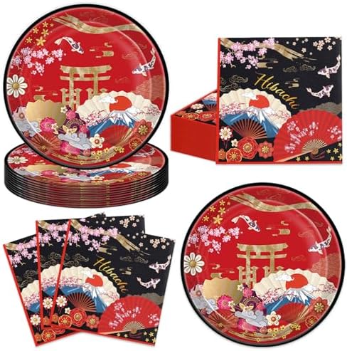 40pcs Red Gold Hibachi Party Decorations Hibachi Plates and Napkins for Hibachi Japanese Style Barbecue Party Decorations Supplies.Suitable for 20 Guests. by UkralMagic
