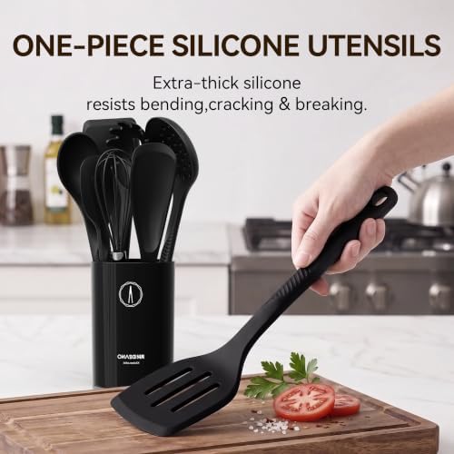 Silicone Cooking Utensils Set - 600°F Heat Resistant, Nonstick Kitchen Utensil Set with Spatulas, Spoons, Whisk, Tongs, BPA Free, Dishwasher Safe, Black - Image 4