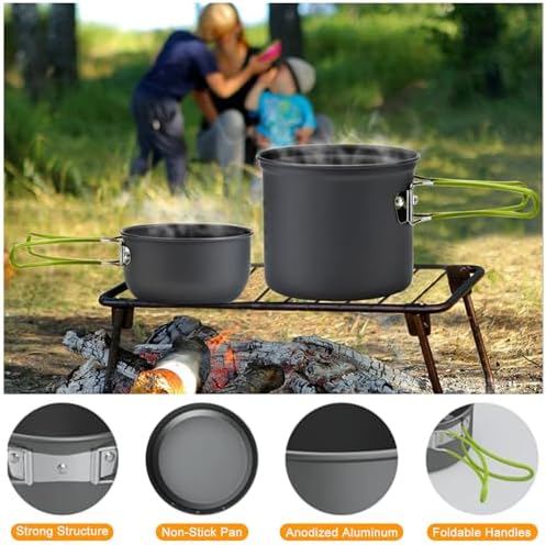 Camping Cookware Mess Kit Backpacking Pot Gear Camping Cooking Pots and Pans Set Camp Kitchen Equipment Accessories Green - Image 2