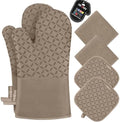 KEGOUU Oven Mitts and Pot Holders 6pcs Set, Kitchen Oven Glove High Heat Resistant 500 Degree Extra Long Oven Mitts and Potholder with Non-Slip Silicone Surface for Cooking (Khaki) by KEGOUUOvenMitt