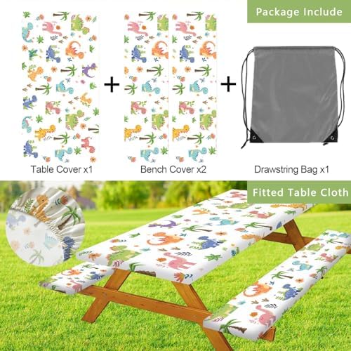 Funny Dinosaur Picnic Table Cover with Bench Covers and Bag, Camping Essentials, Animal Waterproof Windproof Fabric, Fitted Tablecloth Cover with Elastic Edge, for Indoor & Outdoor, 3 PCS, 30x96 Inch - Image 6