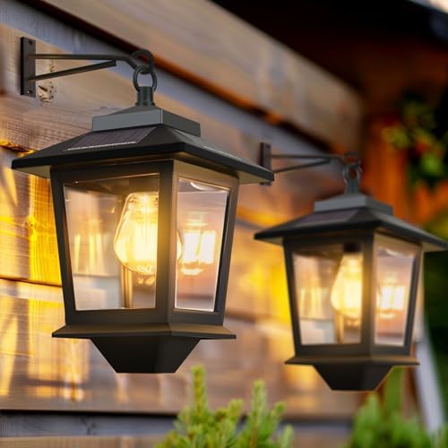 PASAMIC 2 Pack Solar Wall Lanterns,Outdoor Hanging Lights with 4 Solar Panels,Dusk to Dawn Led Outdoor Wall Sconce, Anti-Rust Waterproof Lanterns with Hooks,3000K Warm White by PASAMIC
