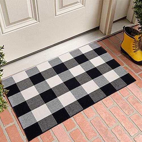 MUBIN Fall Decor Cotton Buffalo Plaid Rug, 2'x3' Black and White Outdoor Porch Front Door Mat, Washable Doormat Hand-Woven Foldable Area Rug Layered Door Mats Rug for Front Porch, Entryway - Image 5