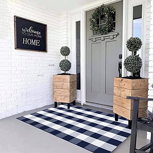 MUBIN Cotton Buffalo Plaid Rug, 3' x 5' Navy Blue White Outdoor Rug Front Door Decorative Mat, Washable Doormat Foldable Area Rug Layered Door Mats Rug for Front Porch, Entryway, Patio - Image 4