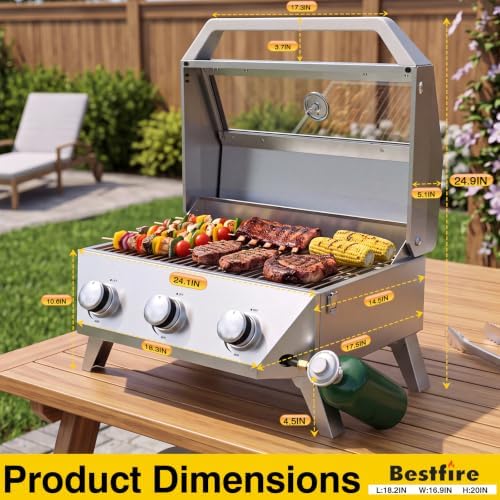 BESTFIRE 3 Burner Propane Grill, 30000 BTU Stainless Steel Tabletop BBQ, Portable Gas BBQ with Glass Lid, Thermometer & Dual Tank Adapter for 1lb/20lb, Outdoor Camping Tailgating 29.72" Wide - Image 2