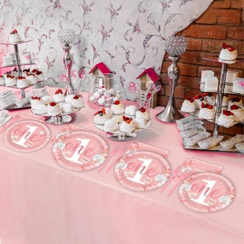 96 Pcs Girl 1st Party Supplies Pink One Year Old Paper Plates Baby Girl 1st Birthday Decoration Pink DisposableTableware Set Bridal Shower Birthday Party Paper Plate Napkin Fork 24 Guests - Image 6