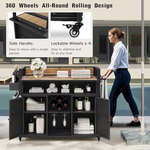 LUMISOL Outdoor Storage Cabinet with Extended Table Top, Outdoor Grill Cart with Storage Cabinet, 52.8" W Kitchen Island on Wheels for Backyard Garden, Double Handle, Black - Image 6