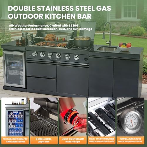 98" Rolling Outdoor Kitchen Island with Built-In 4 Burner 72,000 BTU Stainless Steel Gas Grill Featuring Rotisserie Oven,Granite Countertops,Beverage Fridge,Sink. (Black + Fridge + Sink, Natural Gas) - Image 5