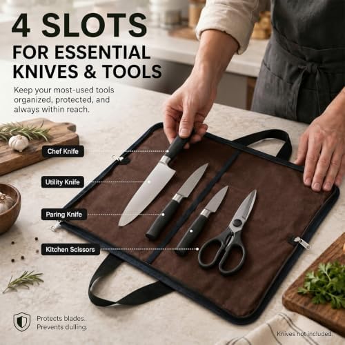 4 Slots Chefs Knife Roll Bag Cutlery Storage Case Mens Travel Brown - Image 4