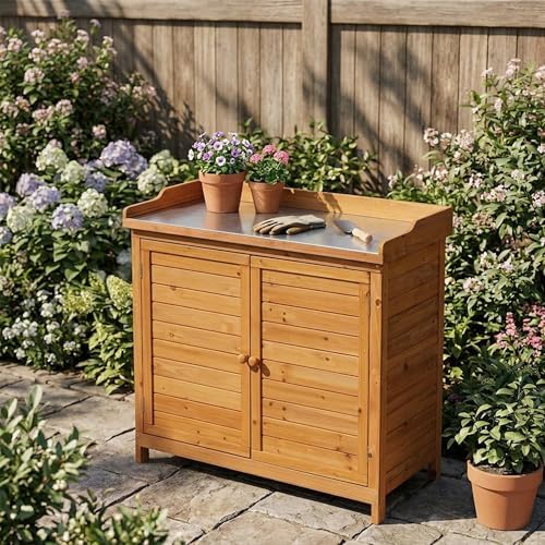 GDLF Outdoor Storage Cabinet with Work Bench, Garden Potting Table, Natural - Image 2
